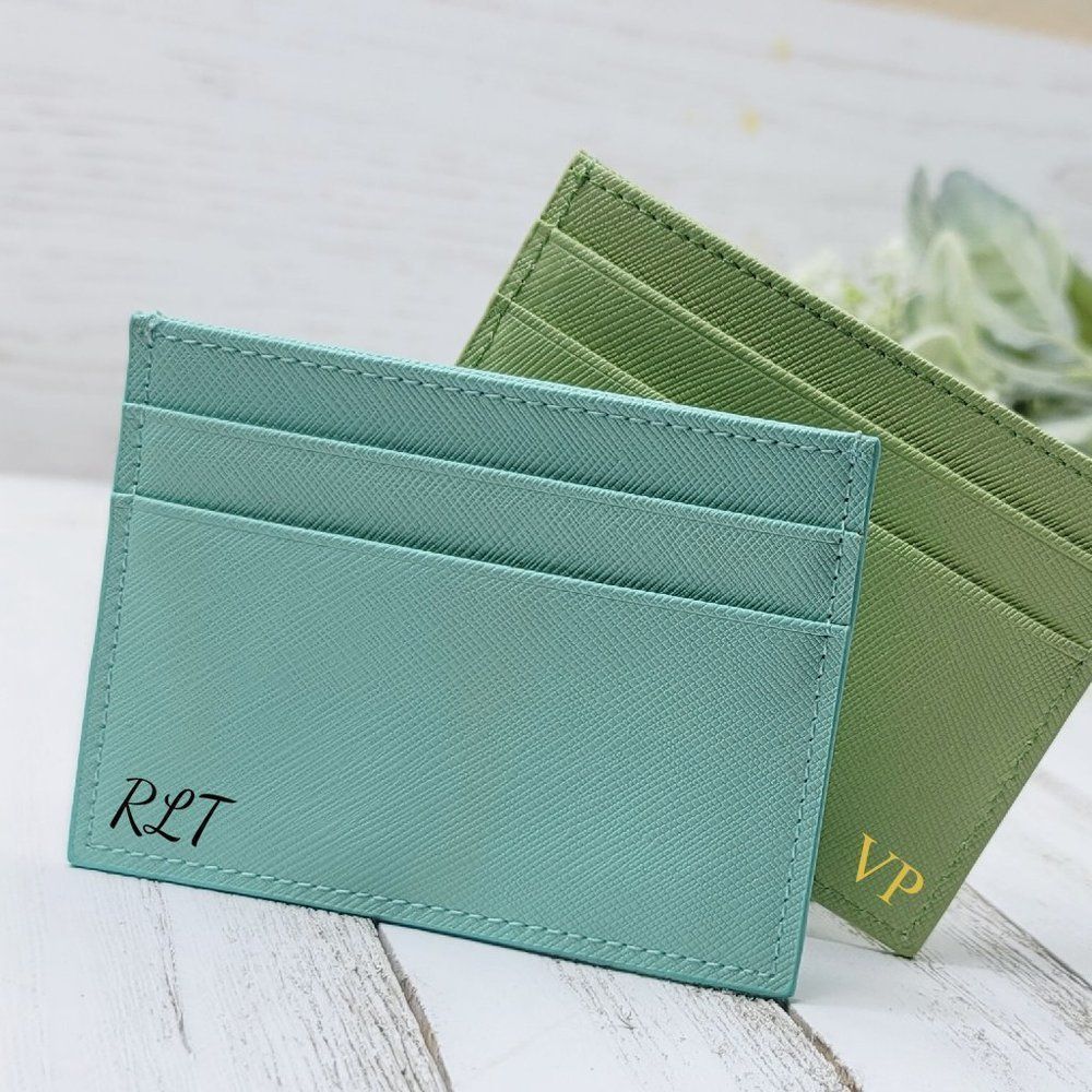 Teal Genuine Saffiano Leather Card Case Small Wallet for Woman FREE Monogram